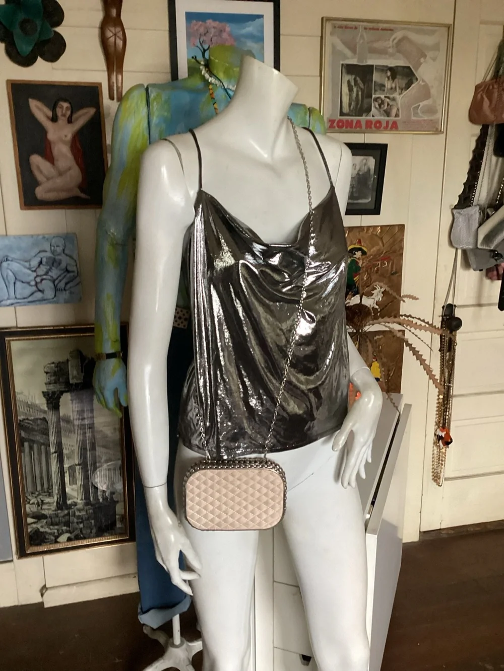 Silver metal & blush quilted sides cocktail purse
